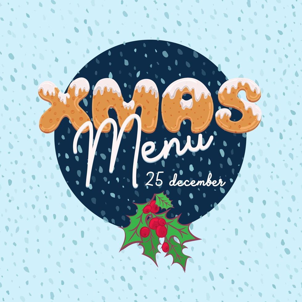 Christmas menu design in cartoon style with text form of homemade cookies. Doodle letters for brochure, poster, vintage festive background, party card vector