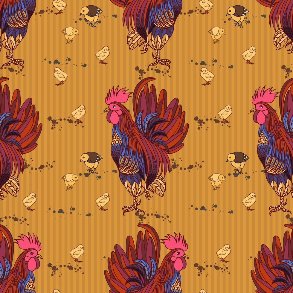 Seamless background with hand drawn rooster, hens and chickens vector