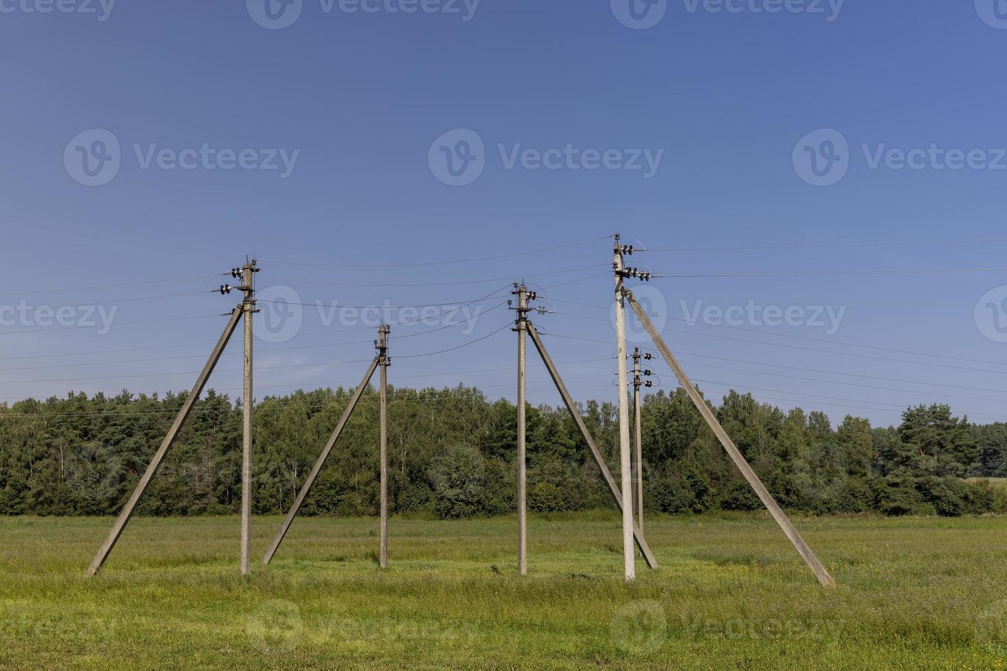High-voltage power lines mounted on concrete poles photo