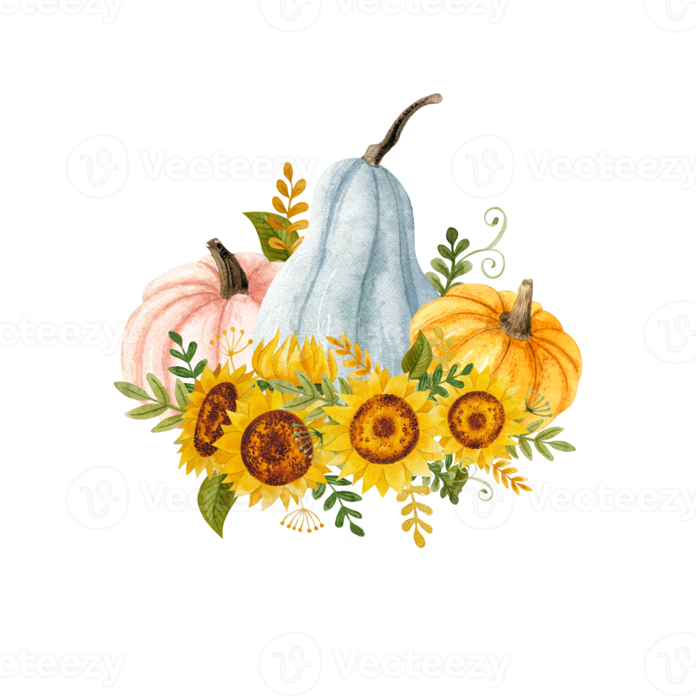 Watercolor autumn pumpkin arrangement png