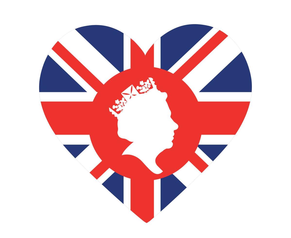 reina elizabeth cara roja y blanca con bandera británica del reino unido emblema nacional de europa icono del corazón ilustración vectorial elemento de diseño abstracto vector