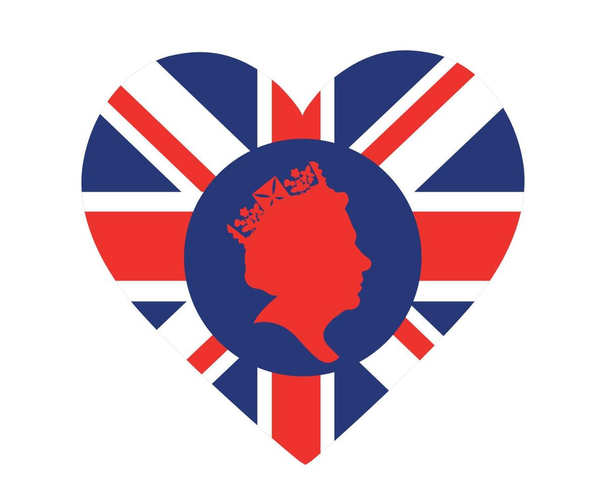 reina elizabeth cara roja con bandera británica del reino unido emblema nacional de europa icono del corazón ilustración vectorial elemento de diseño abstracto vector