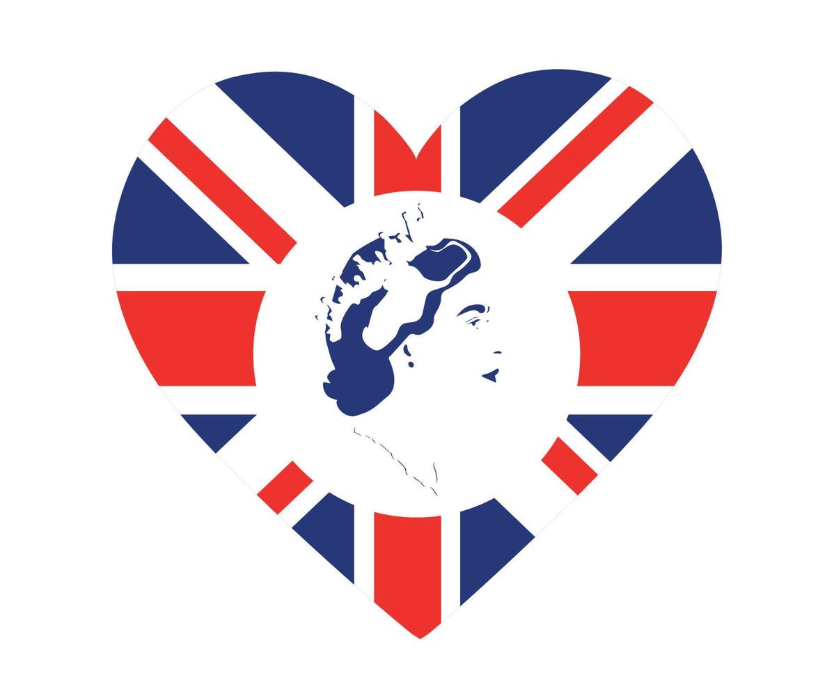 reina elizabeth cara retrato azul con bandera británica del reino unido emblema nacional de europa icono del corazón ilustración vectorial elemento de diseño abstracto vector