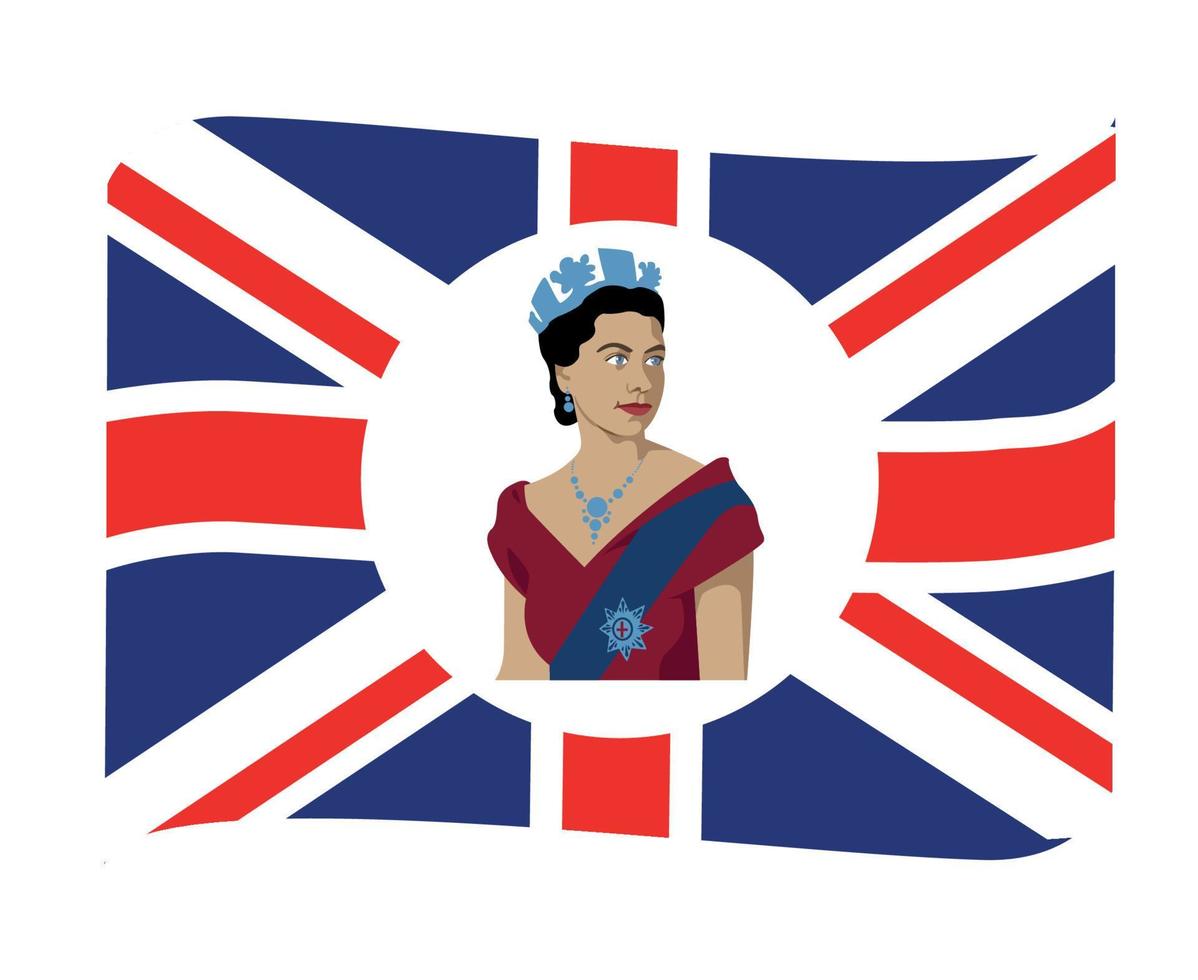 reina elizabeth retrato joven con bandera británica del reino unido emblema nacional de europa icono de cinta ilustración vectorial elemento de diseño abstracto vector