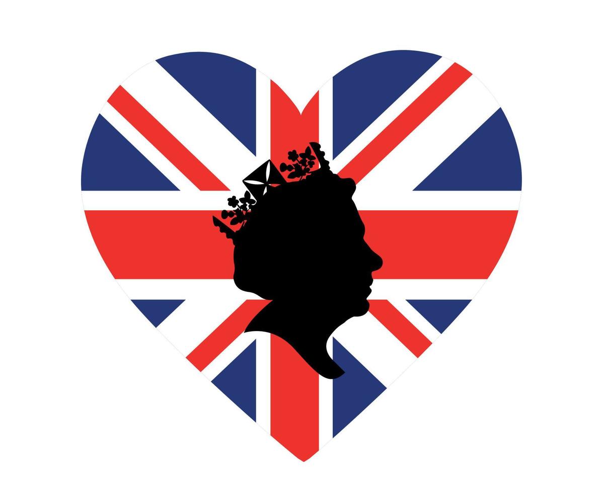 reina elizabeth cara negra con bandera británica del reino unido emblema nacional de europa icono del corazón ilustración vectorial elemento de diseño abstracto vector