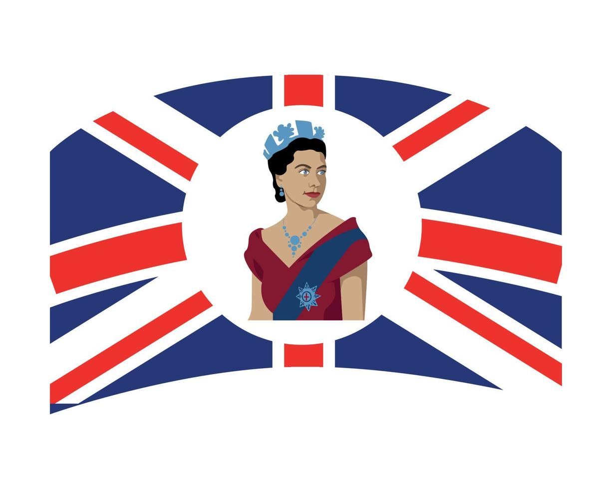 Queen Elizabeth Young Portrait With British United Kingdom Flag National Europe Emblem Vector Illustration Abstract Design Element