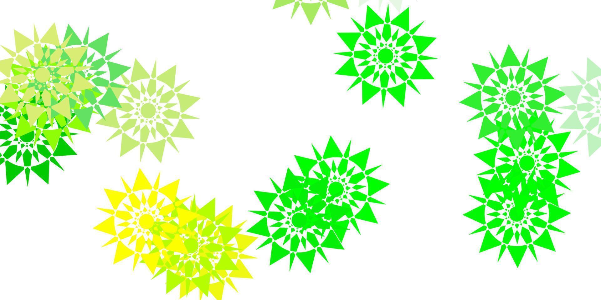 textura de vector verde claro, amarillo con copos de nieve brillantes.