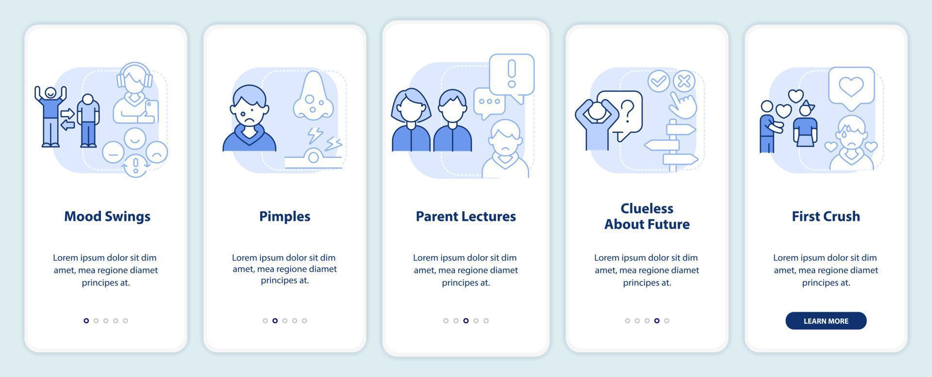 Challenges in adolescence light blue onboarding mobile app screen. Walkthrough 5 steps editable graphic instructions with linear concepts. UI, UX, GUI template. vector