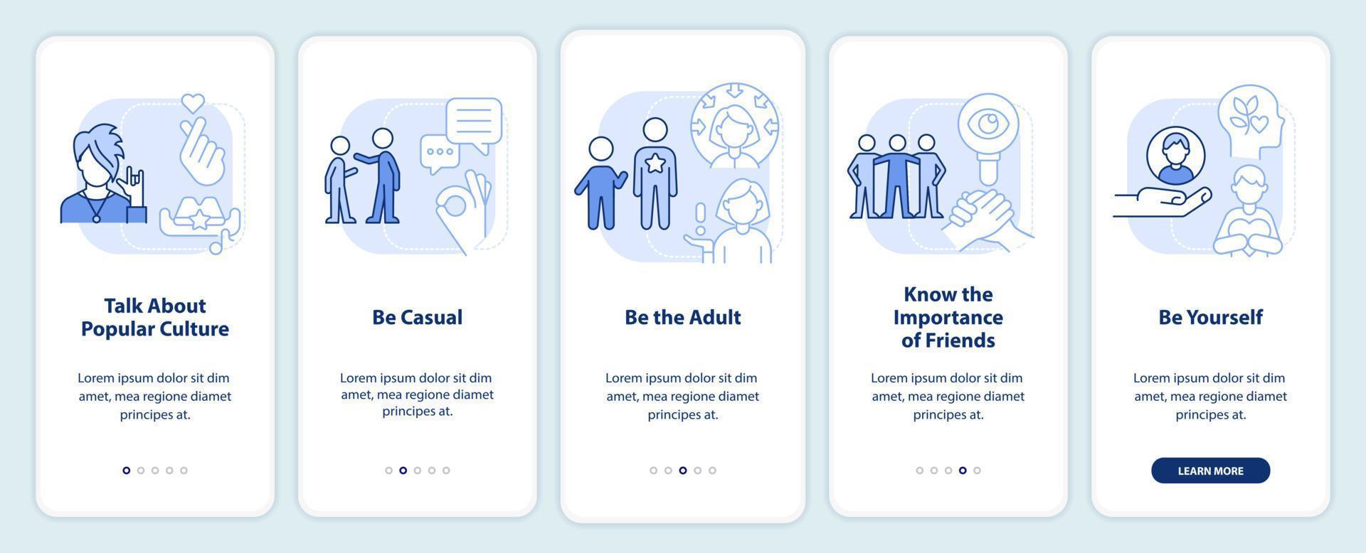 Improving teenage attitude light blue onboarding mobile app screen. Walkthrough 5 steps editable graphic instructions with linear concepts. UI, UX, GUI template. vector
