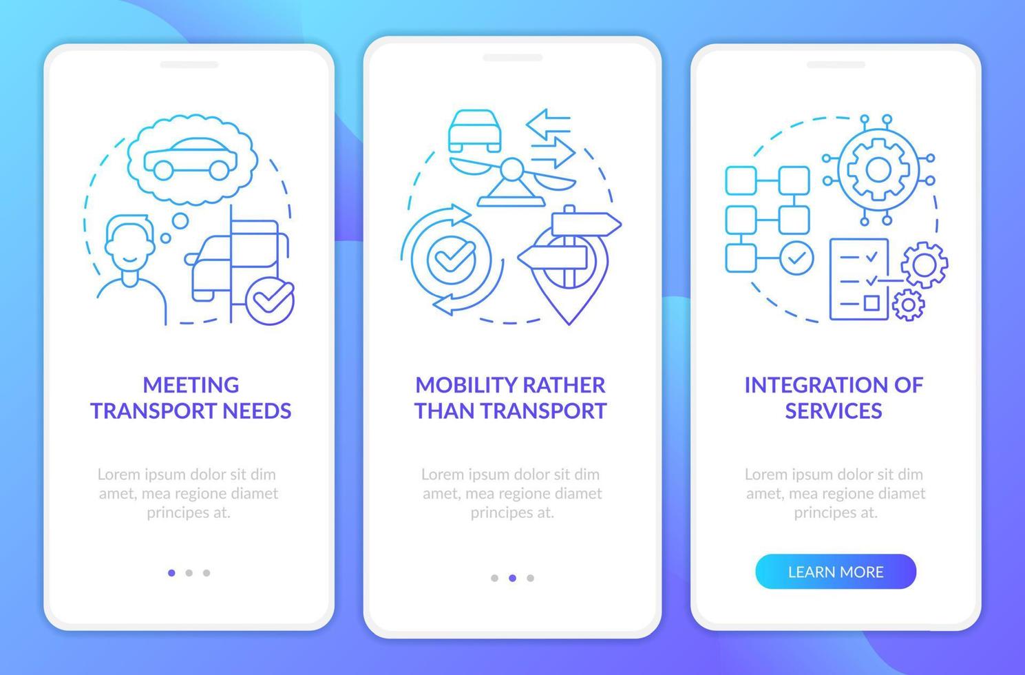 MaaS concept components blue gradient onboarding mobile app screen. System walkthrough 3 steps graphic instructions with linear concepts. UI, UX, GUI template. vector