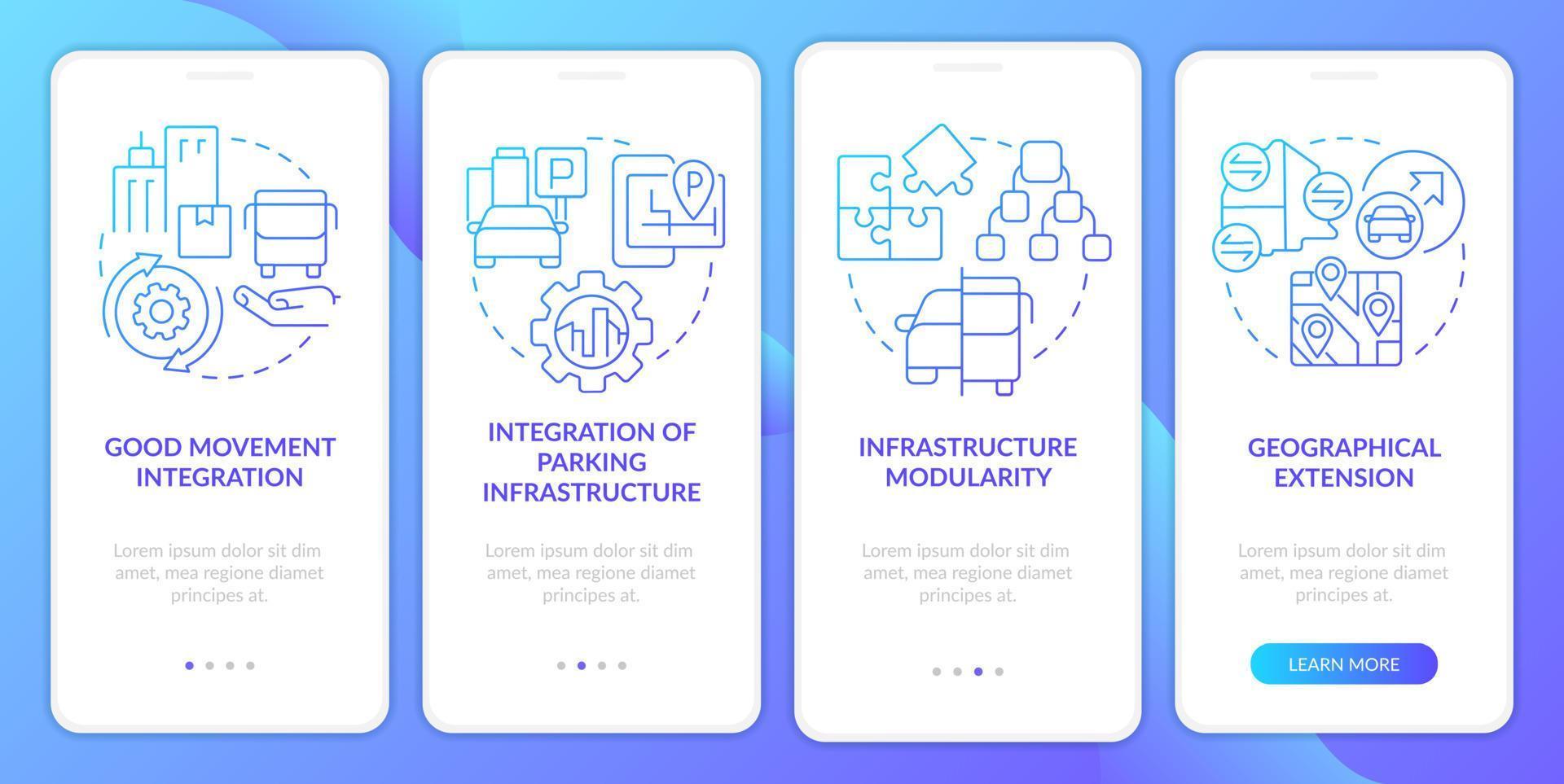 MaaS requirements blue gradient onboarding mobile app screen. Service providing walkthrough 4 steps graphic instructions with linear concepts. UI, UX, GUI template. vector