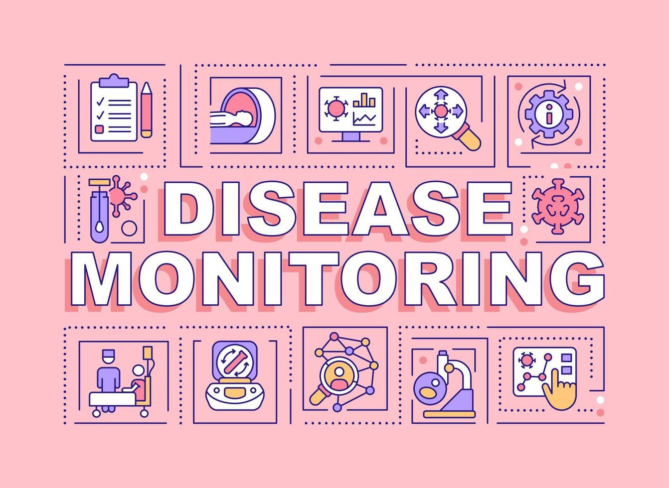 Disease monitoring word concepts pink banner. Infection surveillance. Infographics with editable icons on color background. Isolated typography. Vector illustration with text.