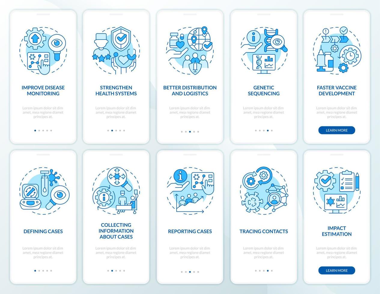 Disease monitoring blue onboarding mobile app screen set. Walkthrough 5 steps editable graphic instructions with linear concepts. UI, UX, GUI template. vector