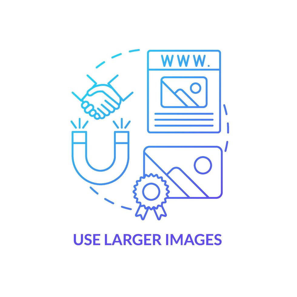 Use larger images blue gradient concept icon. Make professional website abstract idea thin line illustration. Photos optimization. Attract visitors. Isolated outline drawing. vector