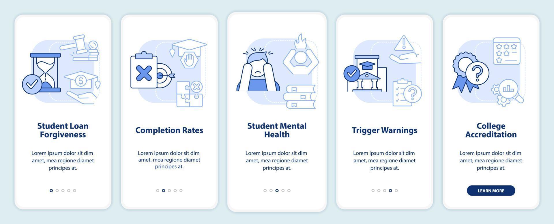 Issues in higher education light blue onboarding mobile app screen. Walkthrough 5 steps editable graphic instructions with linear concepts. UI, UX, GUI template. vector