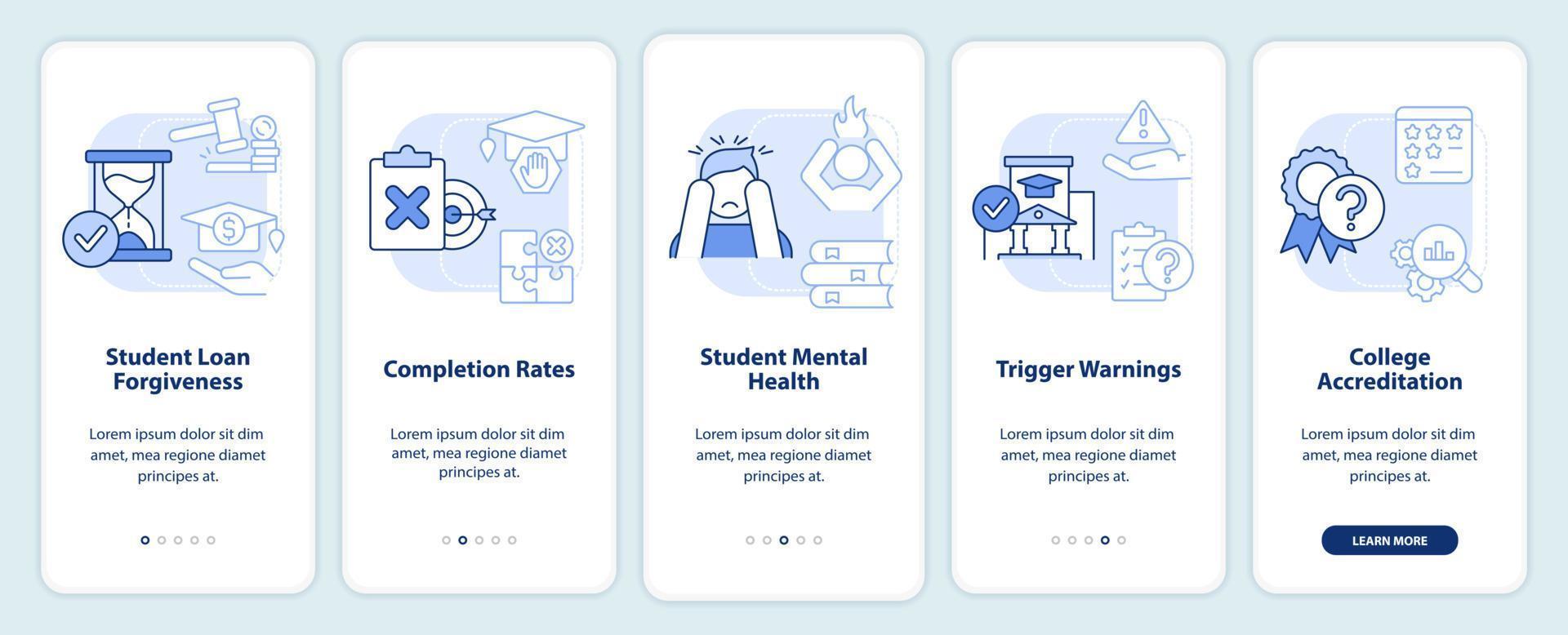 problemas en la pantalla de la aplicación móvil de incorporación azul claro de educación superior. tutorial 5 pasos instrucciones gráficas editables con conceptos lineales. interfaz de usuario, ux, plantilla de interfaz gráfica de usuario. vector