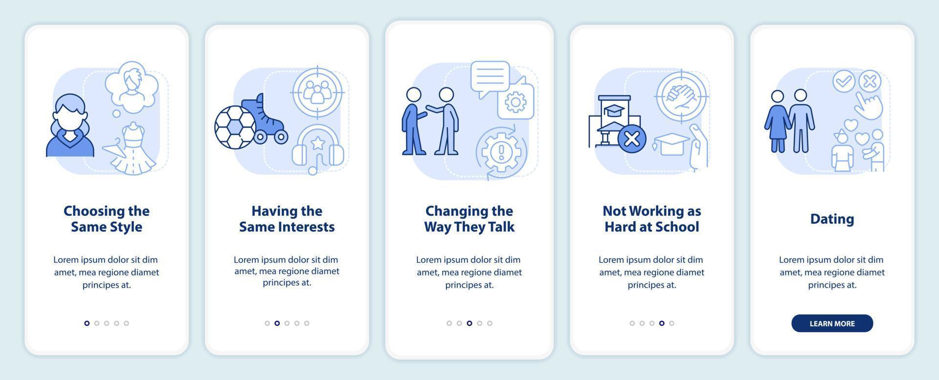 Peer pressure of being teen light blue onboarding mobile app screen. Walkthrough 5 steps editable graphic instructions with linear concepts. UI, UX, GUI template. vector