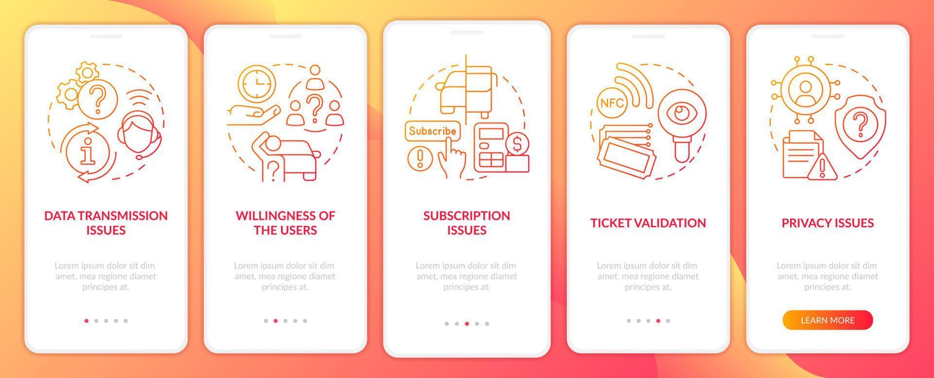 MaaS issues red gradient onboarding mobile app screen. System disadvantages walkthrough 5 steps graphic instructions with linear concepts. UI, UX, GUI template. vector