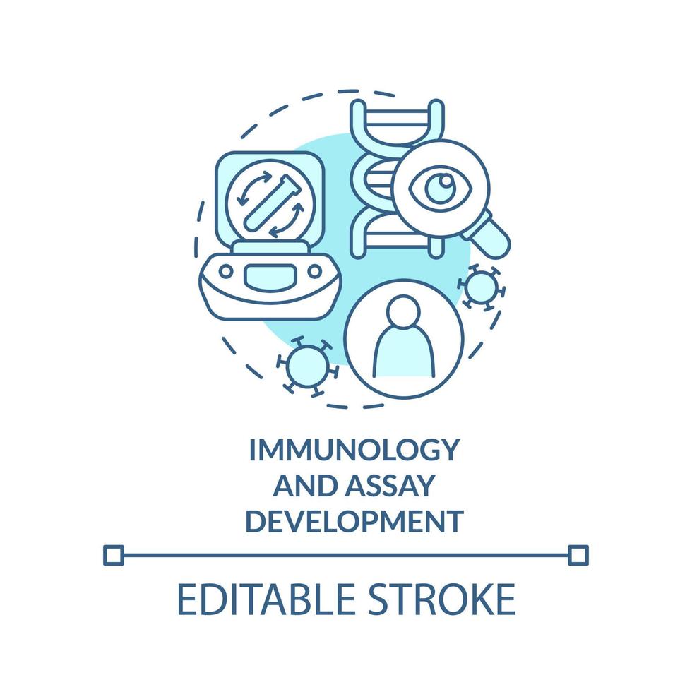 Immunology and assay development turquoise concept icon. Pandemic preclinical study abstract idea thin line illustration. Isolated outline drawing. Editable stroke. vector