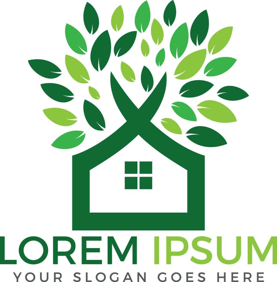 Green tree house vector logo design.