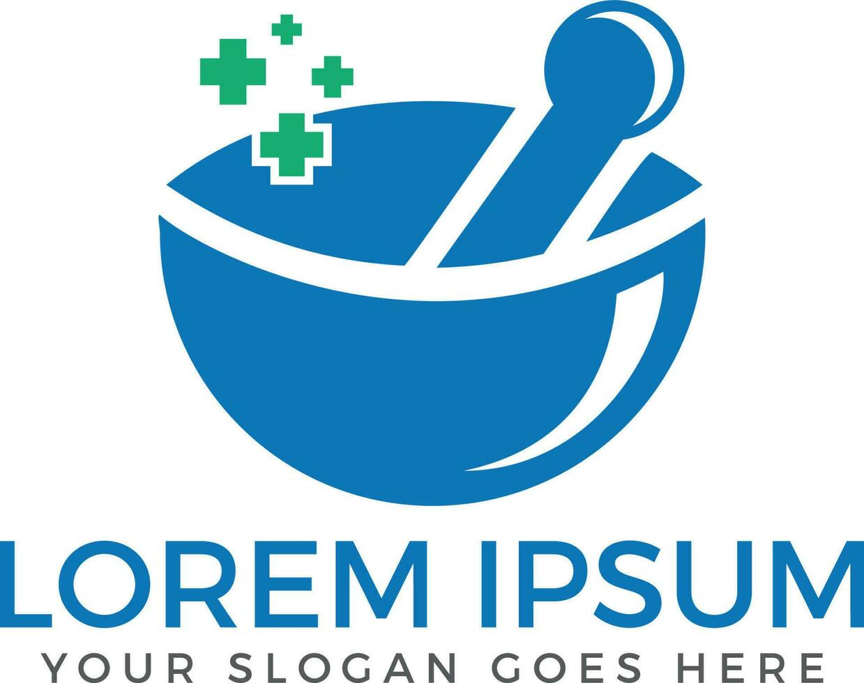 Pharmacy medical logo. Natural mortar and pestle logo. vector