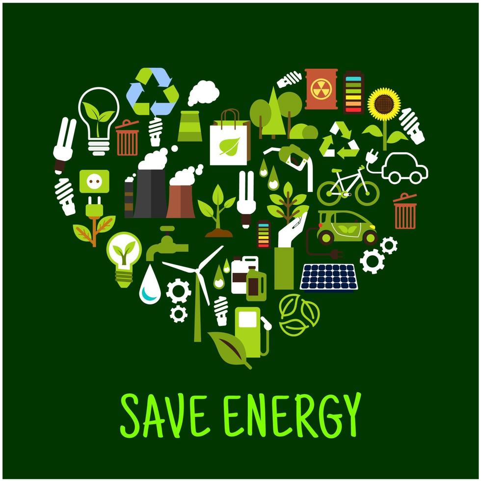 Save energy concept icons in shape of heart vector