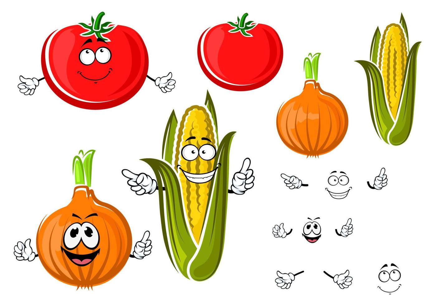 maíz, tomate y cebolla de dibujos animados feliz vector