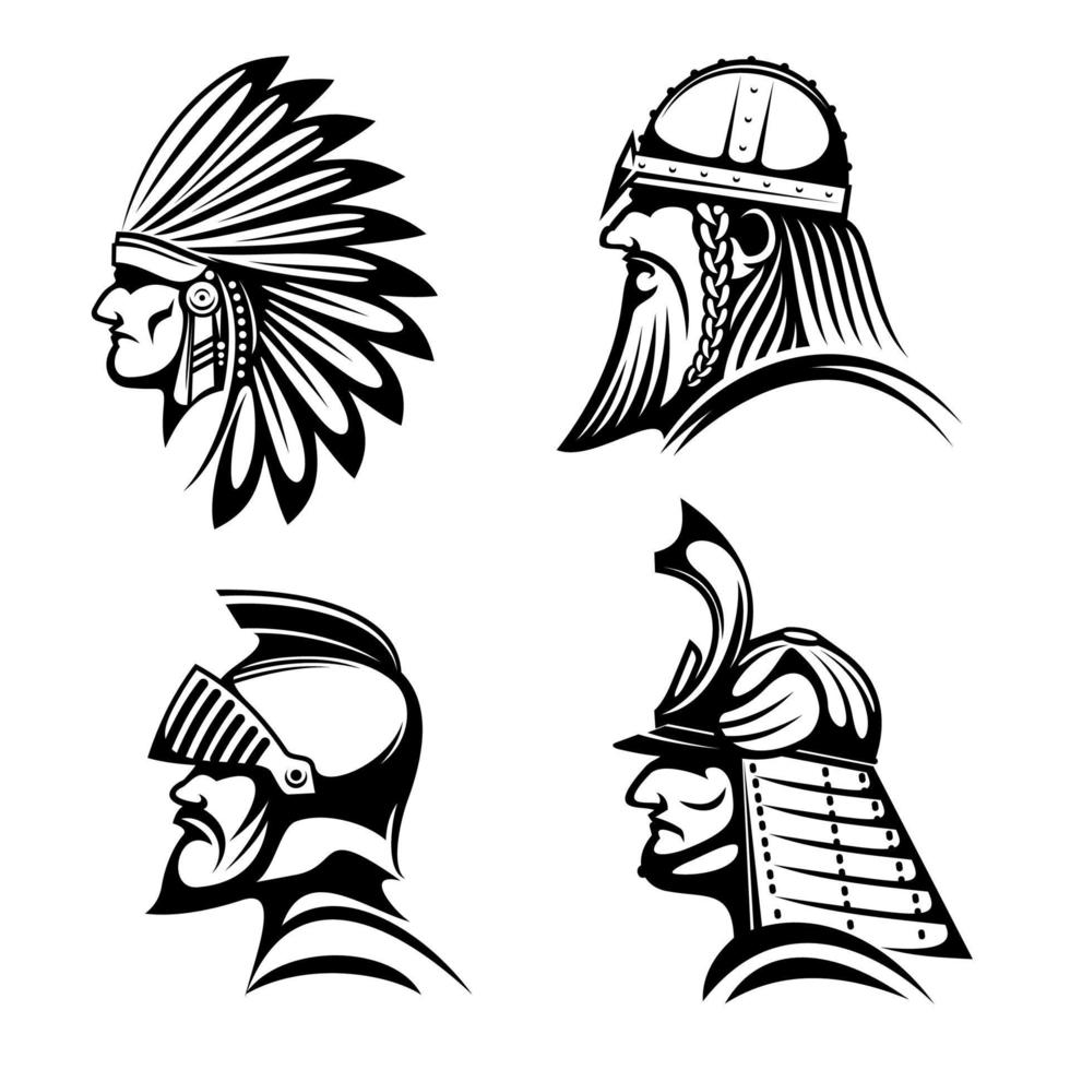 Knight, viking, samurai and native indian icons vector