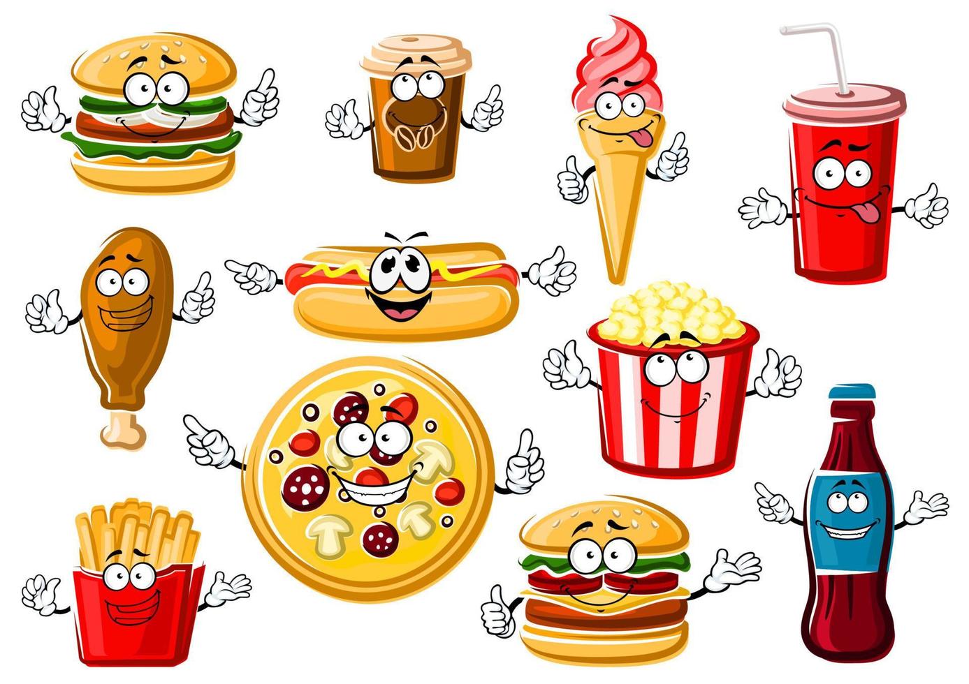 dibujos animados de comida rápida, postres y bebidas. vector