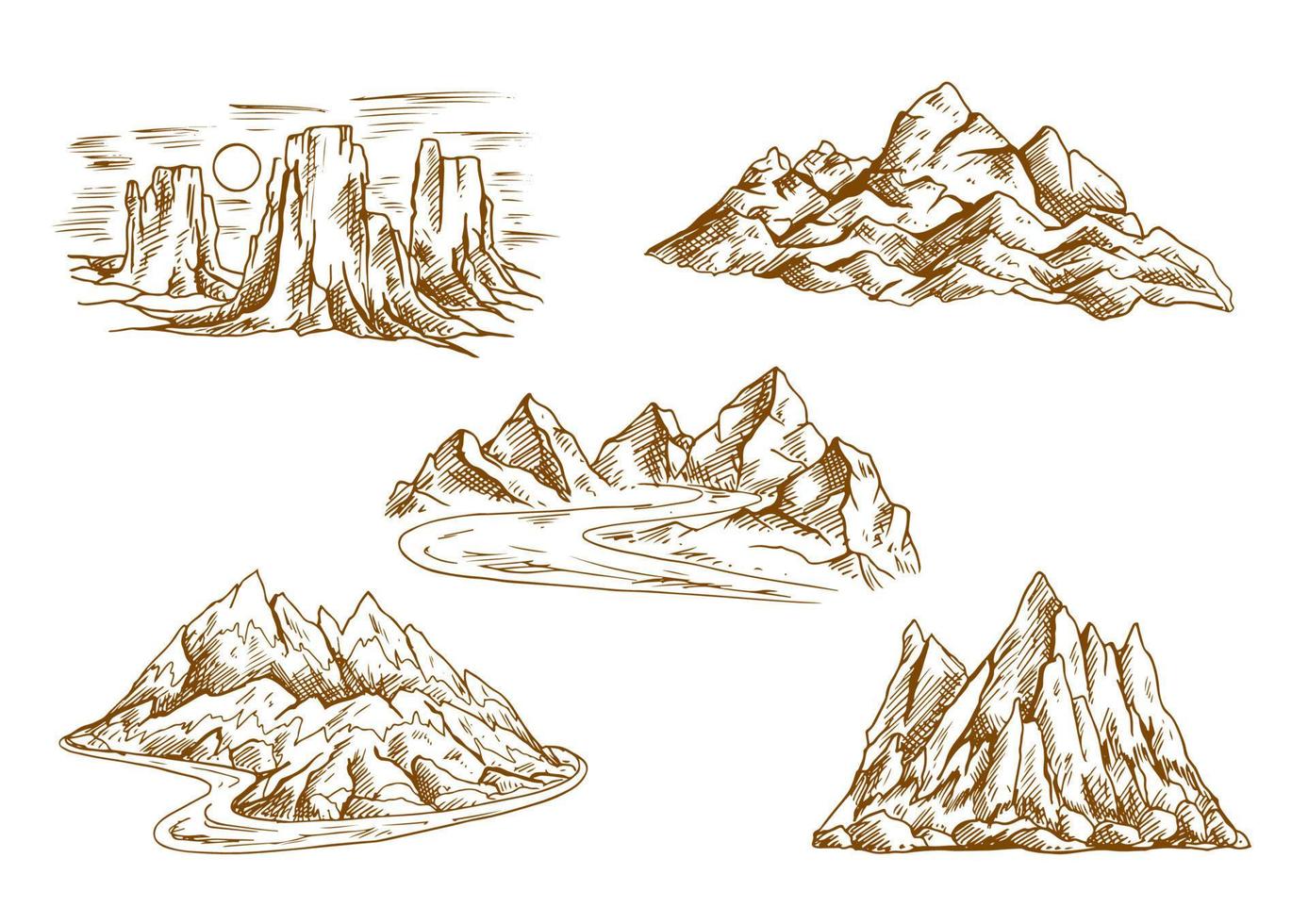 Mountain landscapes retro sketch icons vector