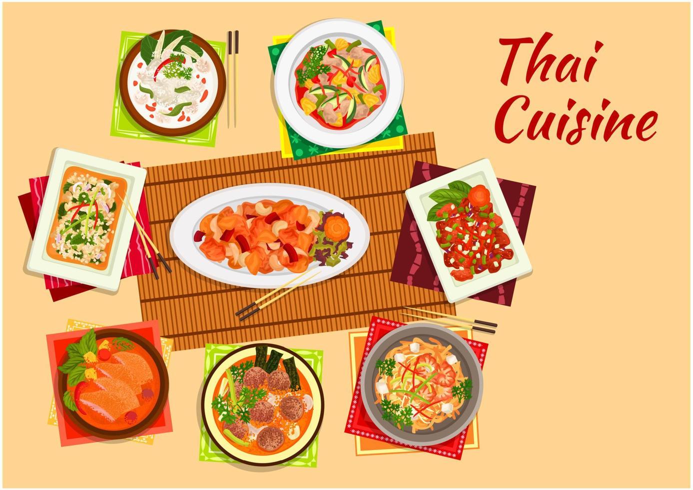 Asian cuisine dinner with thai dishes flat icon vector