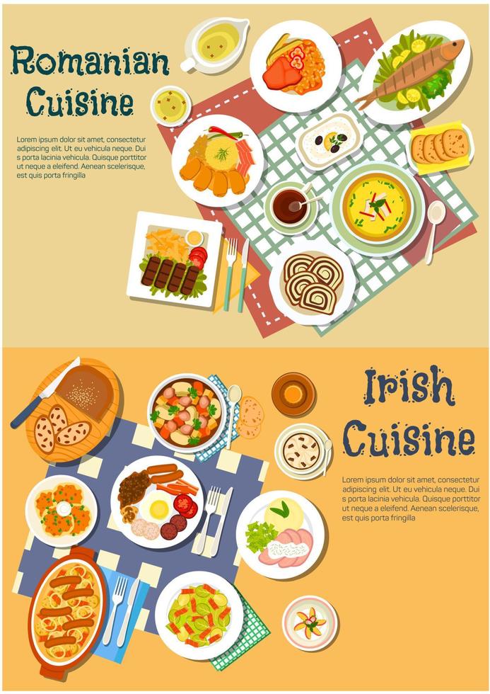 Rich food of romanian and irish cuisine flat icon vector
