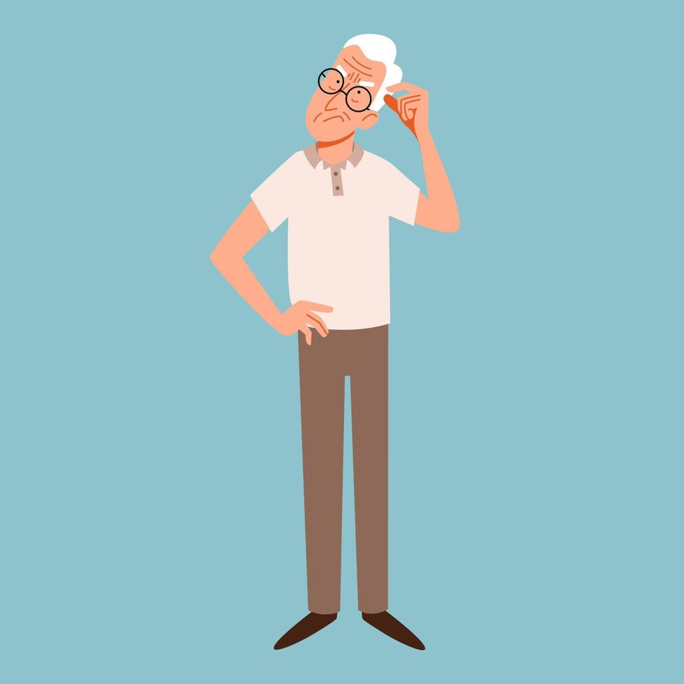 Grandpa in glasses thought, trying to remember, scratching his head. vector
