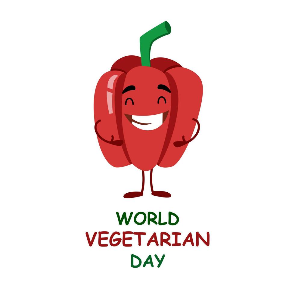 Vector postcard of the World Vegetarian Day in a flat style. Funny pepper character.