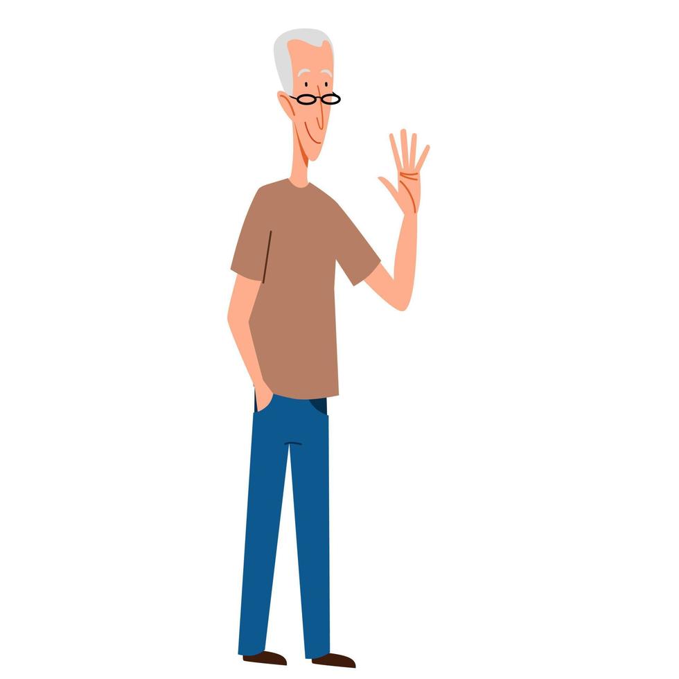 A fashionable man in casual clothes greets. Friendly greeting of an elderly person. vector