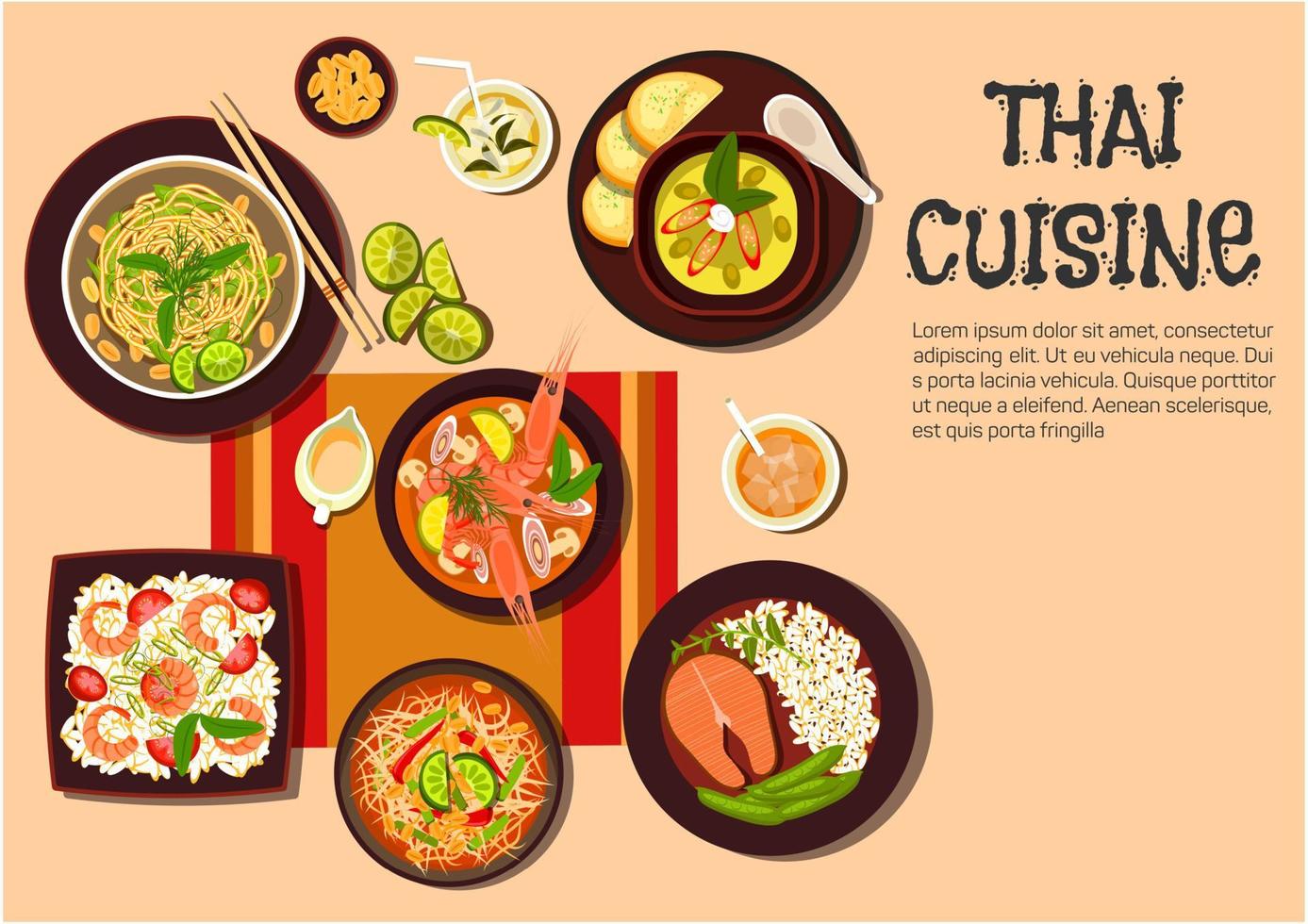 Exotic thai cuisine popular dishes flat icon vector