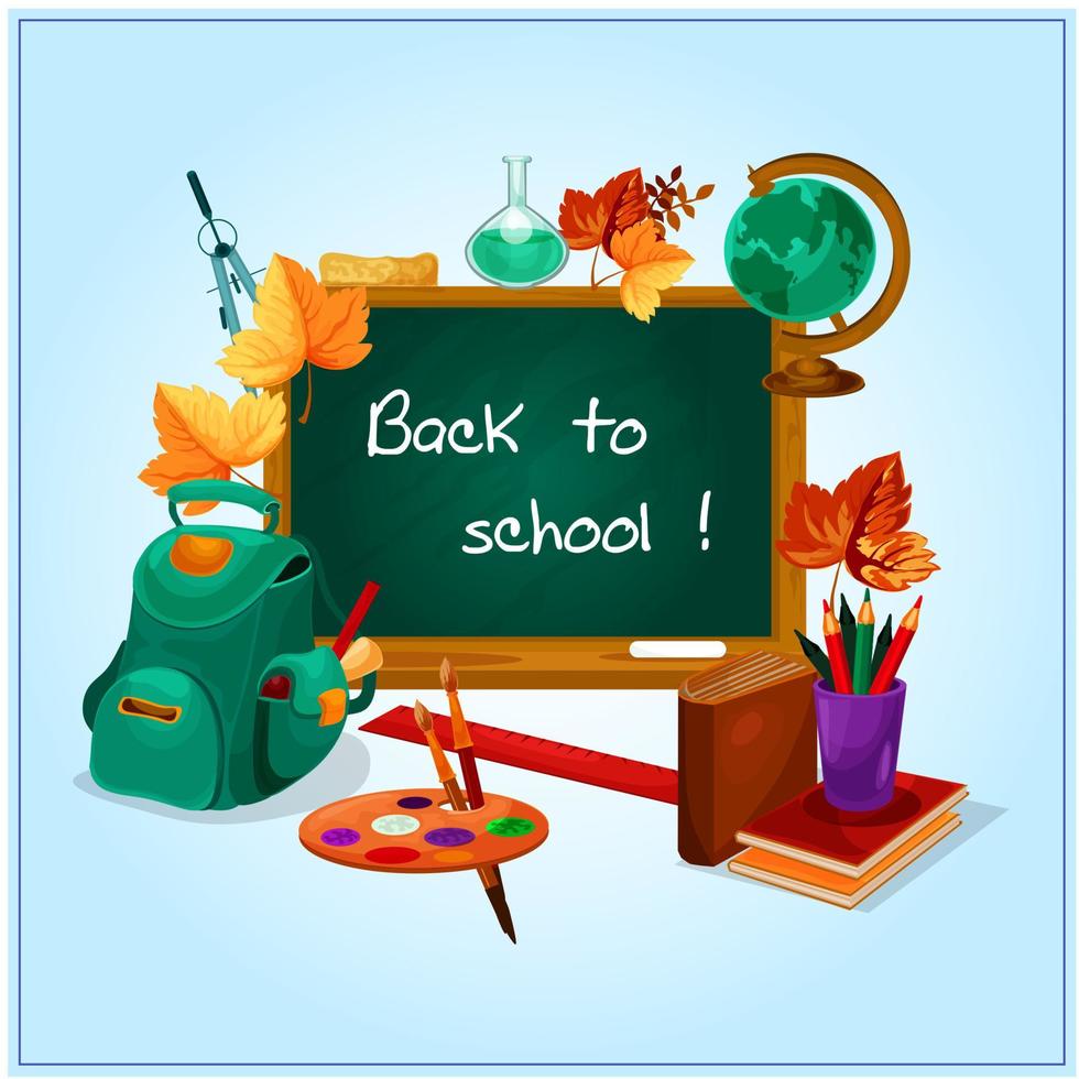 Back to school icon with blackboard, student items vector