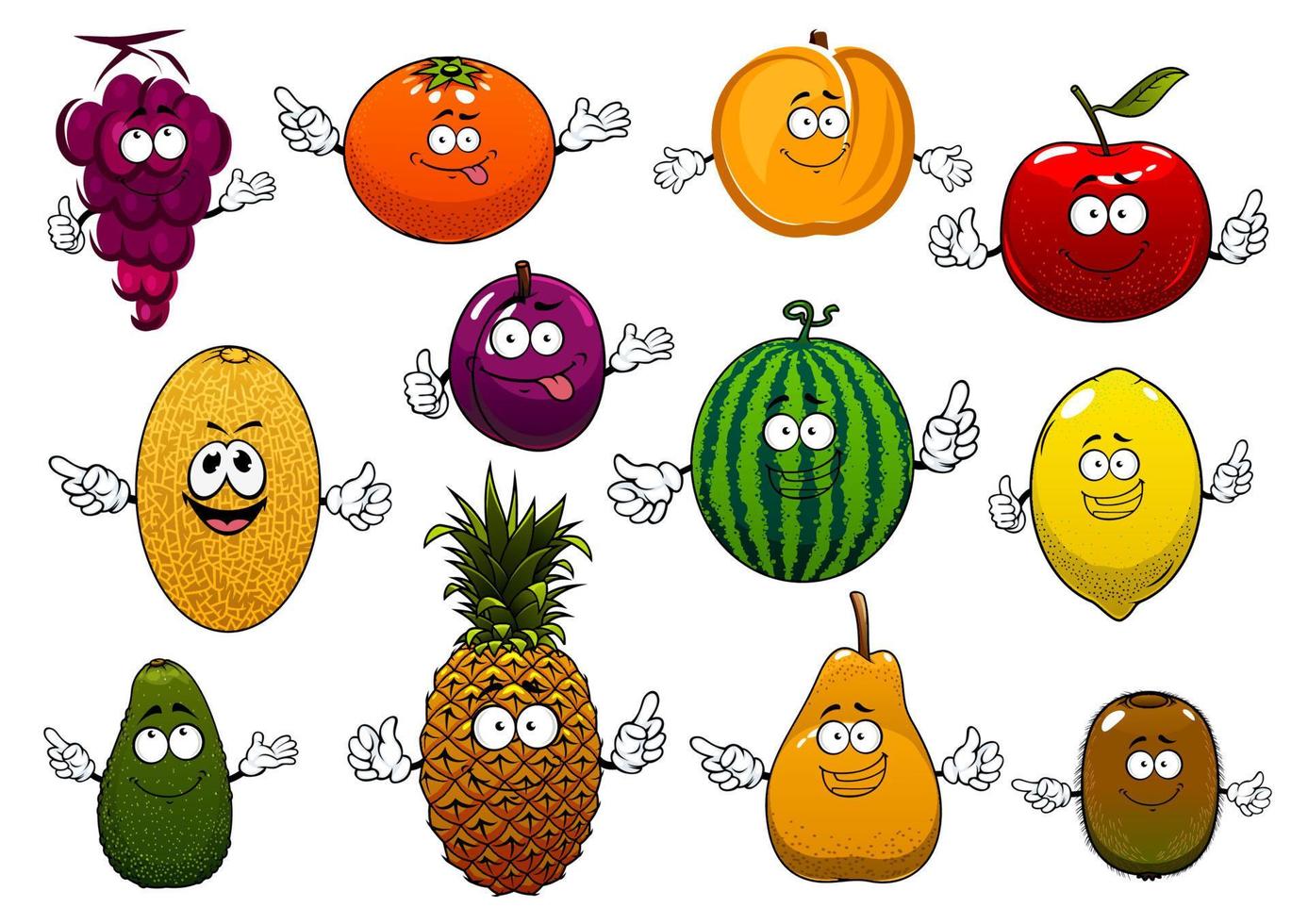 felices frutas maduras y frescas de dibujos animados vector