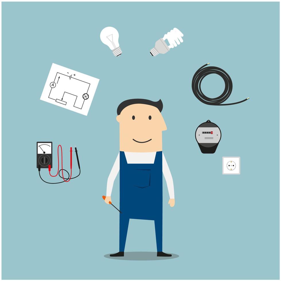 Electrician worker mwith devices and tools vector