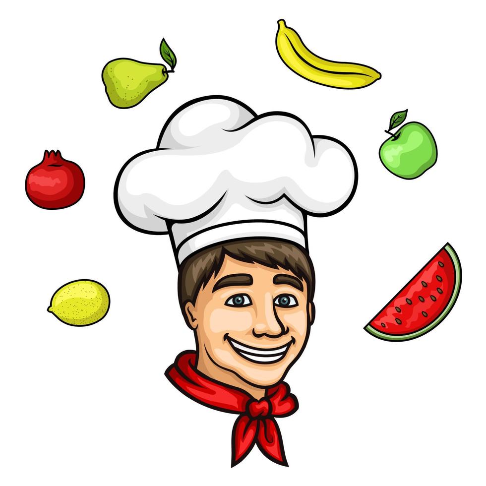 Cartoon young chef in toque with fresh fruits vector