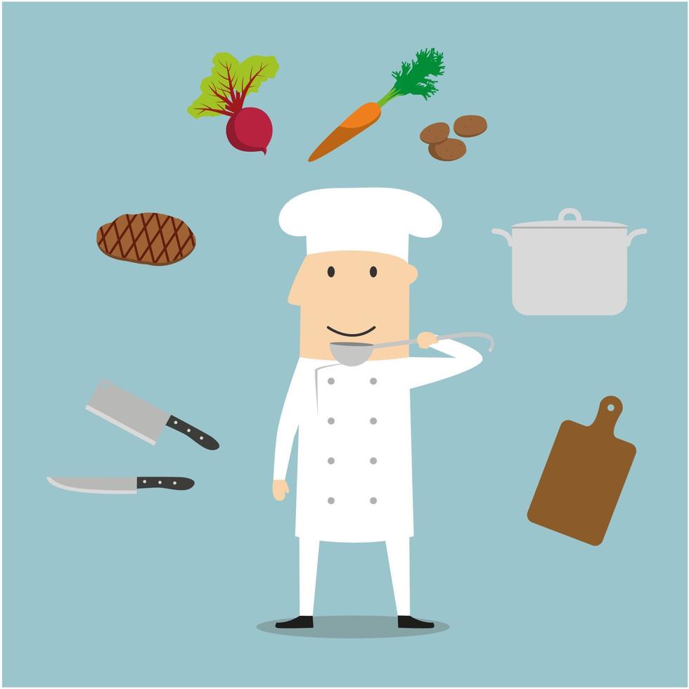 chef profesión, utensilio y verduras vector