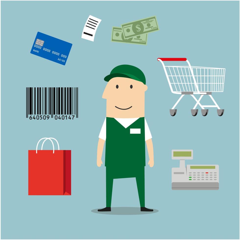 Seller man and retail industry icons vector