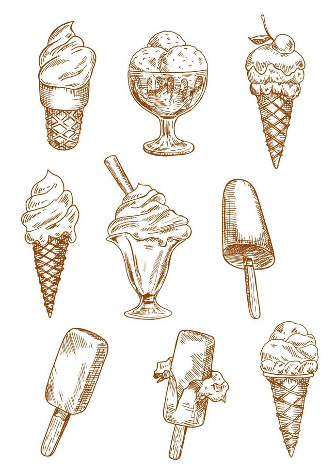 Ice cream desserts sketches set vector