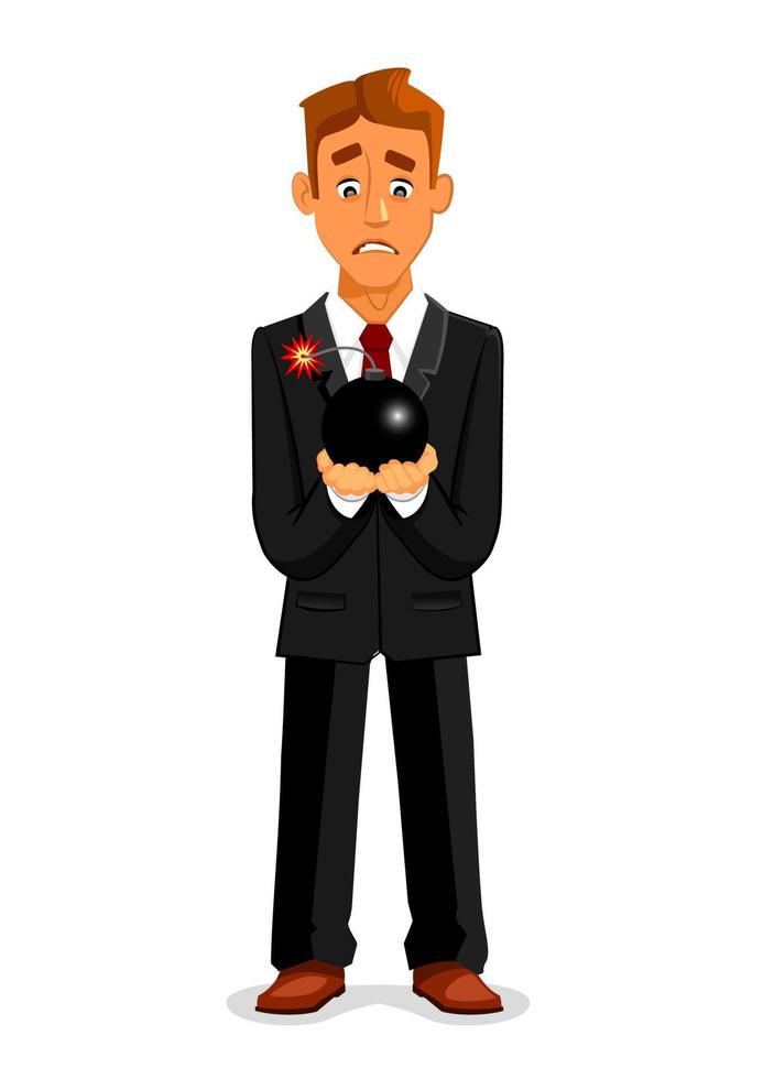 Cartoon businessman with scared look holding bomb vector