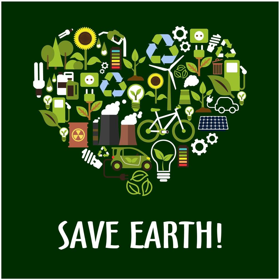 Heart with ecology, saving energy, recycling icons vector