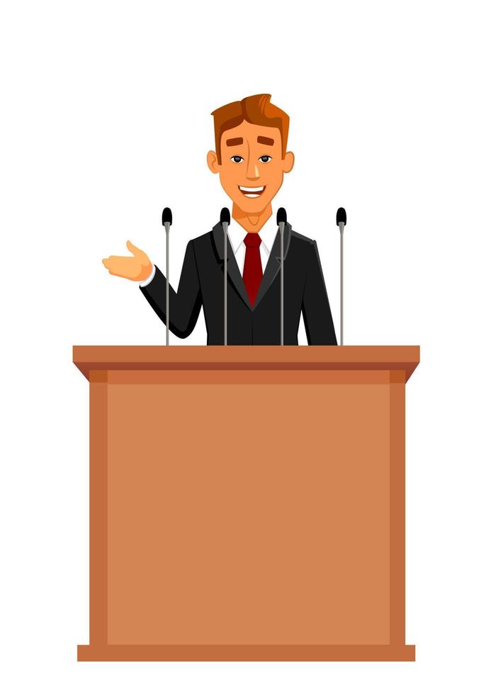 Cartoon businessman at tribune with microphones vector
