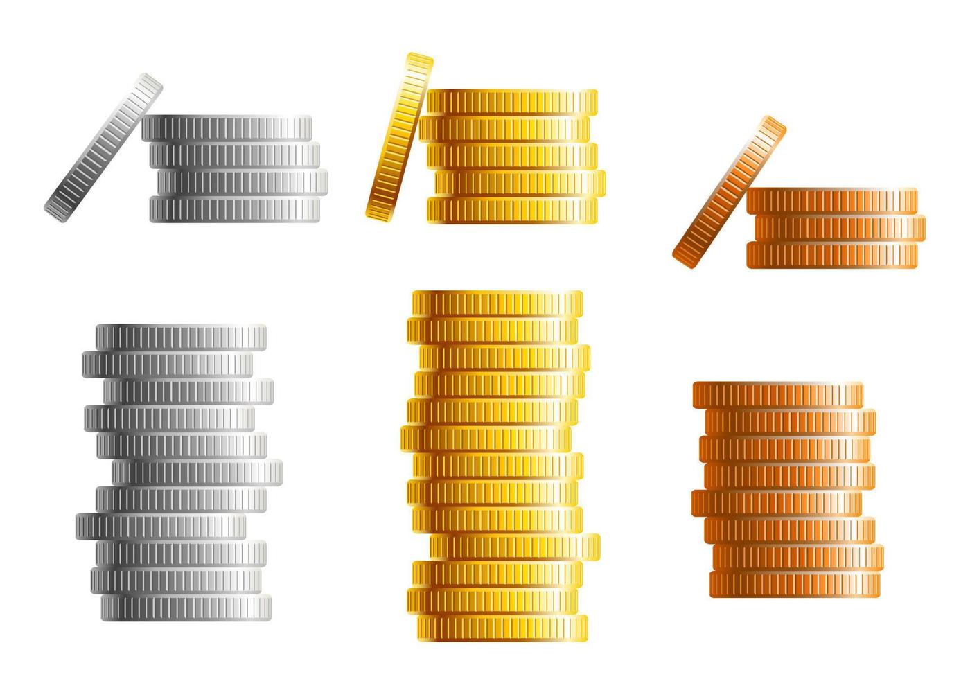 Stacks of gold, silver and bronze coins vector