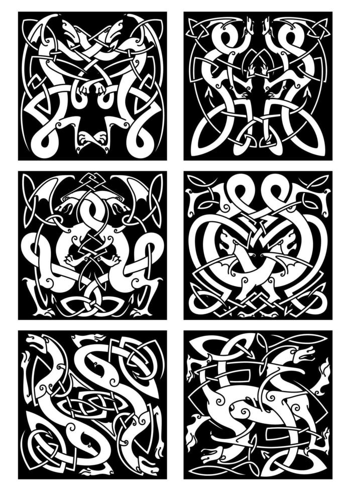 Celtic knot patterns with tribal dragons vector