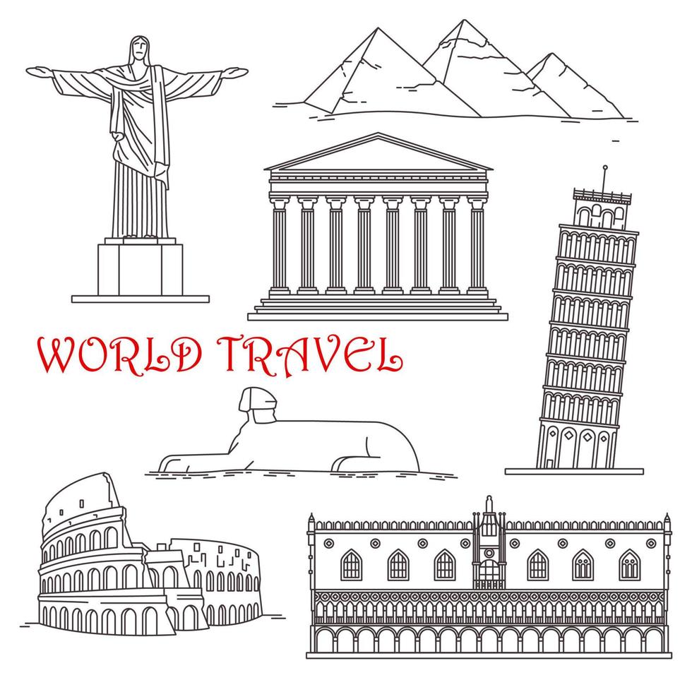 Travel landmarks of Italy, Brazil, Greece, Africa vector