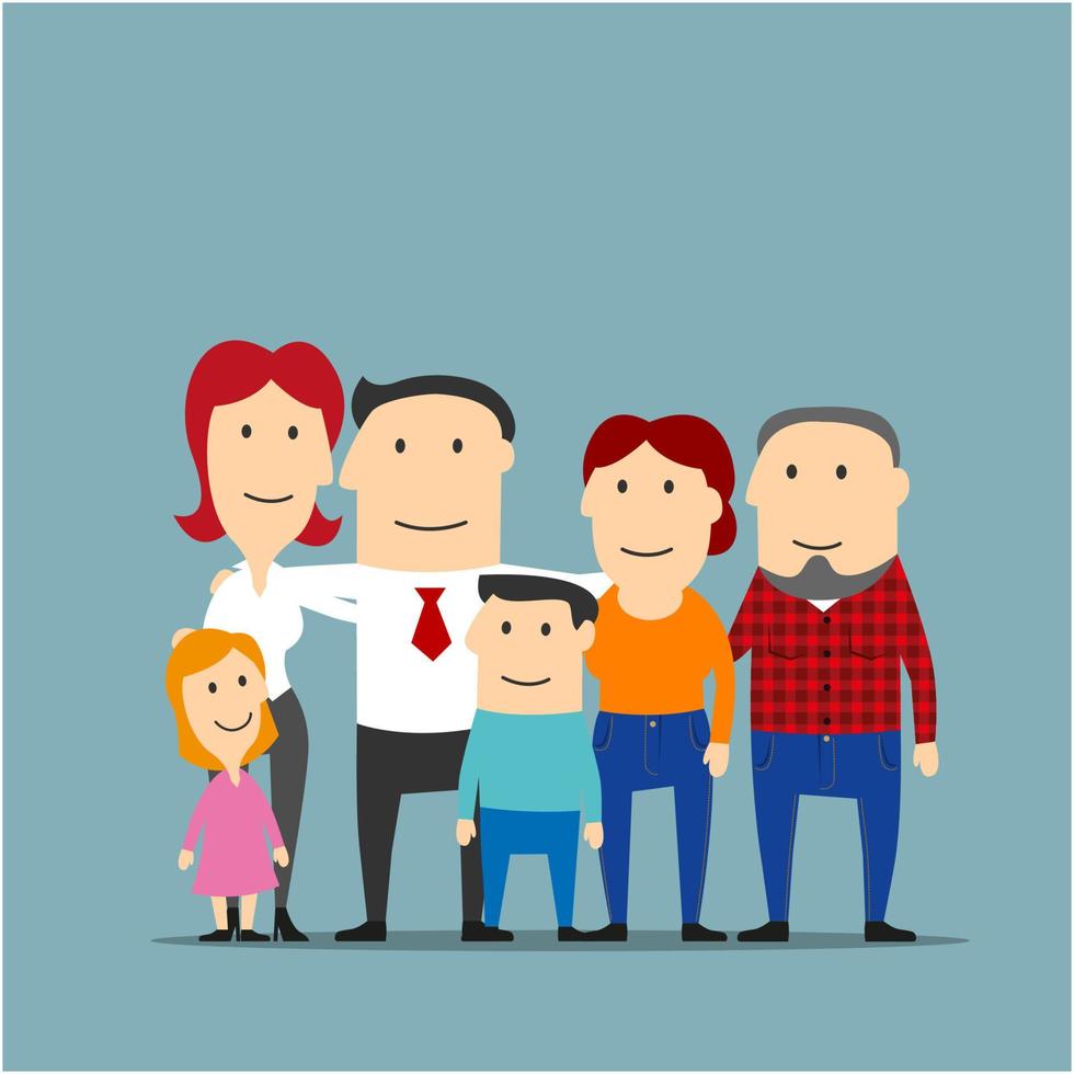 Happy multigenerational family cartoon portrait vector